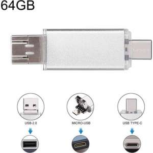 64 GB 3-in-1 USB-C / Type-C + USB 2.0 + OTG-flitsschijf, voor Type C-smartphones en pc-computer (zilver)