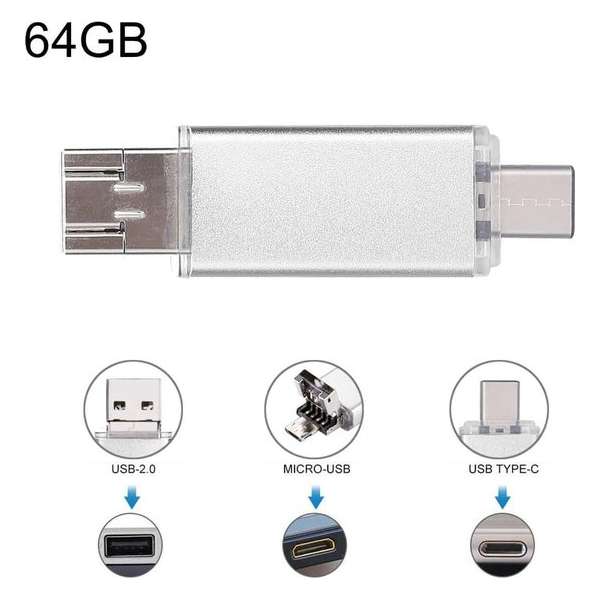 64 GB 3-in-1 USB-C / Type-C + USB 2.0 + OTG-flitsschijf, voor Type C-smartphones en pc-computer (zilver)