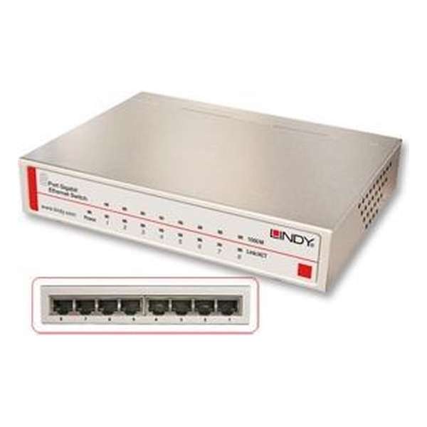 Lindy Network Switch - Gigabit, Desktop, 8 Port, 10/100/1000 Managed Zilver Power over Ethernet (PoE)