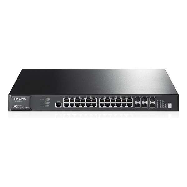 TP-LINK netwerk-411,415 24 10/100/1000Mbps RJ45 Ports, 4 combo gigabit SFP Slots, Up to 4 10G SFP+ Slots, 1 Console Port, 63W