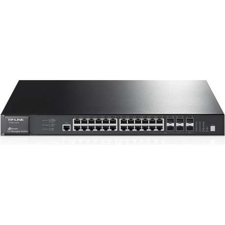 TP-LINK netwerk-411,415 24 10/100/1000Mbps RJ45 Ports, 4 combo gigabit SFP Slots, Up to 4 10G SFP+ Slots, 1 Console Port, 63W