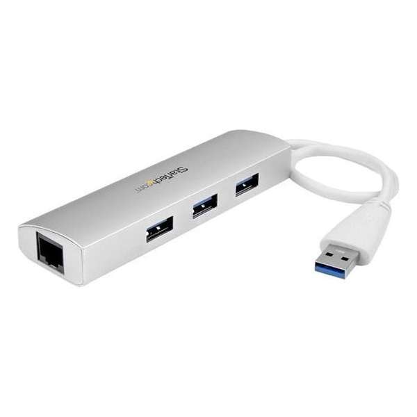 StarTech.com 3 Poorts draagbare aluminium USB 3.0 hub met Gigabit Ethernet netwerkadapter geïntegreerde kabel