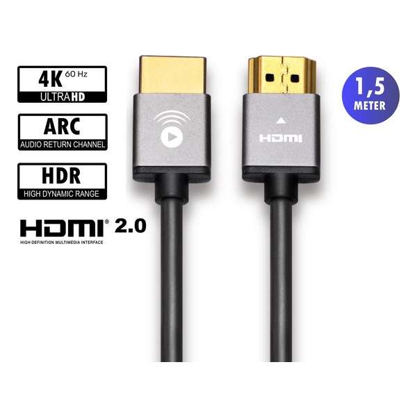 2.0 High Speed HDMI kabel - Zwart - 1.5 meter - Dunne kabel -  Gold plated - HDMI naar HDMI | OPlay