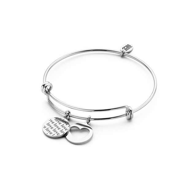 CO88 Collection Inspirational 8CB 90261 Stalen Armband met Hangers - Love Tekst en Open Hart - One-size - Zilverkleurig