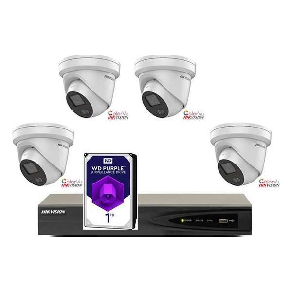 4x Hikvision DS-2CD2347G1-LU 4 megapixel ColorVu + recorder +  GRATIS 1tb harde schijf