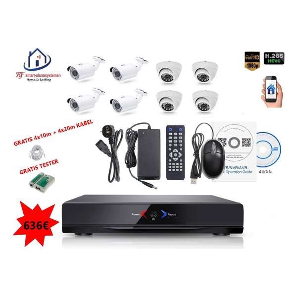 Home-Locking camerasysteem met NVR 2.0MP H265 POE met 4 binnen en 4 buitencamera's 2.0MP CS-8-487