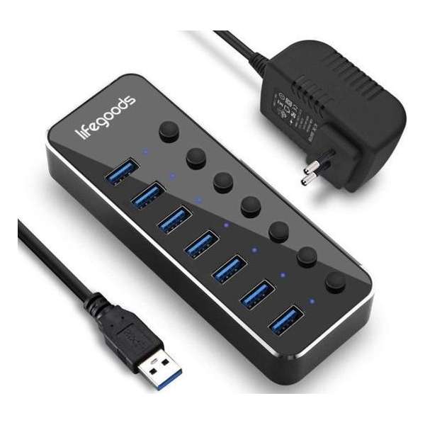 LifeGoods USB 3.0 Hub - 7 Poorten - 5Gbps - Externe Voeding - Blauw LED Licht - Zwart