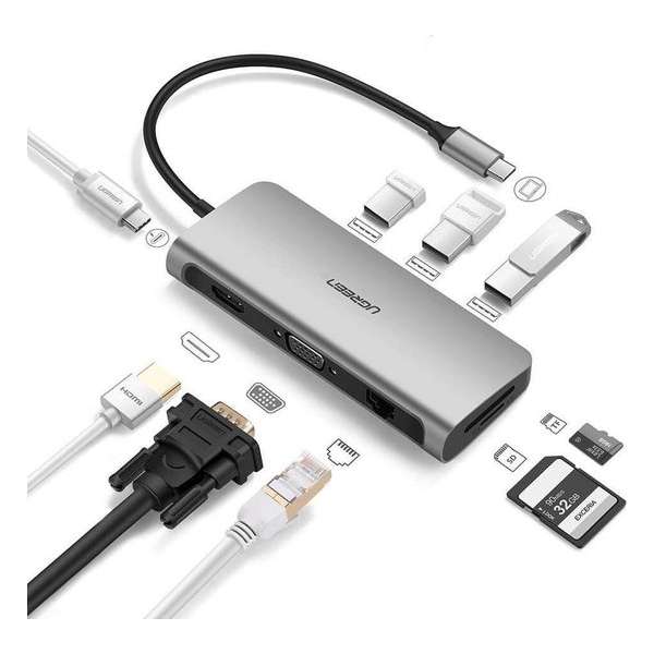 USB-C adapter voor MacBook (Thunderbolt 3) met 4K HDMI & VGA en 7 andere poorten voor elke situatie - 9 in 1 USB-C Adapter Pro