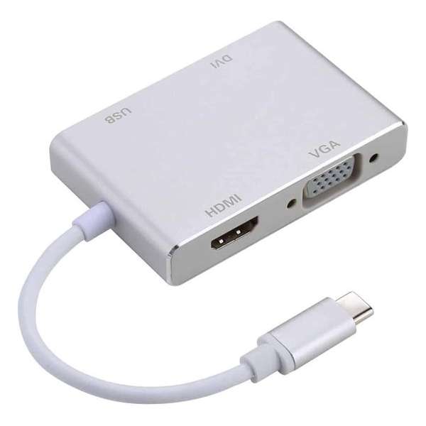 4 in 1 Aluminium Hub - USB-C naar VGA & DVI & HDMI & USB 3.0 adapter - Geschikt voor o.a. Macbook / Surface / Laptop etc