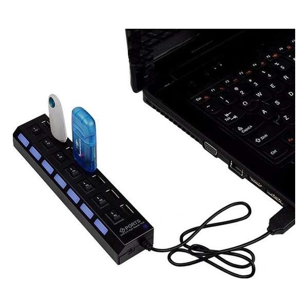 7 Poort Multi USB 2.0 Hub Splitter Zwart - Voor Laptop / Apple Mac / Macbook & Windows - Met LED Verlichting