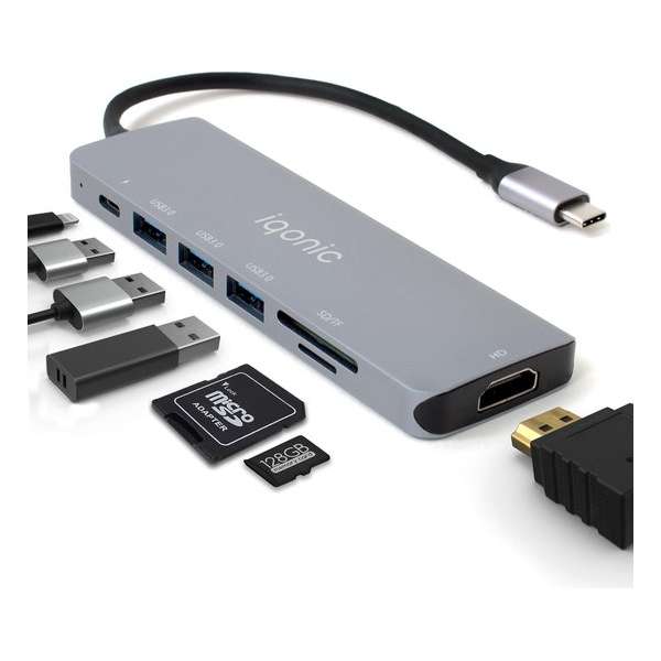 iqonic® USB C Hub 7 in 1 - 3 x USB 3.0 - 4K HDMI - USB C Oplader - Micro SD / TF Kaartlezer - Space Grijs