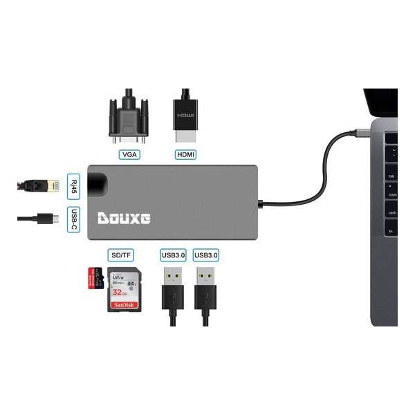 USB-C Hub voor MacBook, Dell, HP en lenovo (Thunderbolt 3) met HDMI & VGA en 6 andere Poorten - Dockingstation I8 Douxe