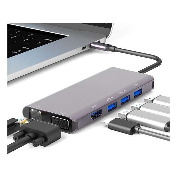 USB Type-C Adapter Hub 9 in 1 | HDMI / Ethernet / VGA / USB-C Power Delivery / USB-A