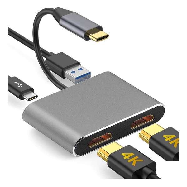 DrPhone Type C naar HDMI Adapter (2x HDMI)  4K - USB 3.0-poort & USB C PD (power delivery Laden) - Tot 2 schermen aansluiten