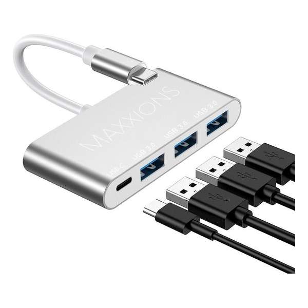 Maxxions USB-C Hub Splitter Adapter met ingangen: 1x USB-C en 3x USB-A 3.0 - Zilver