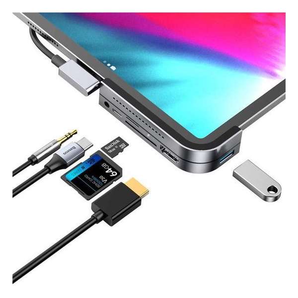 6 in 1 Multifunctionele iPad Pro Hub Type-C naar 4K HD/ USB 3.0/ SD/Micro SD/ USB C PD/ 3.5mm Audio Jack