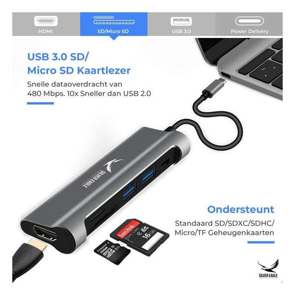 5 in 1 USB-C Hub Adapter voor Macbook - 2x USB 3.0 – HDMI 4K - SD/TF Lezer - Aluminium