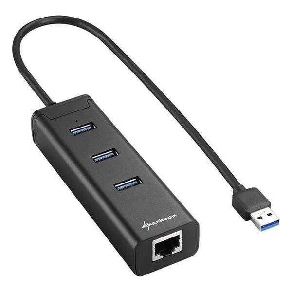 Sharkoon 3-Port USB 3.0 Aluminium Hub + RJ-45 Ethernet Adapter - Zwart