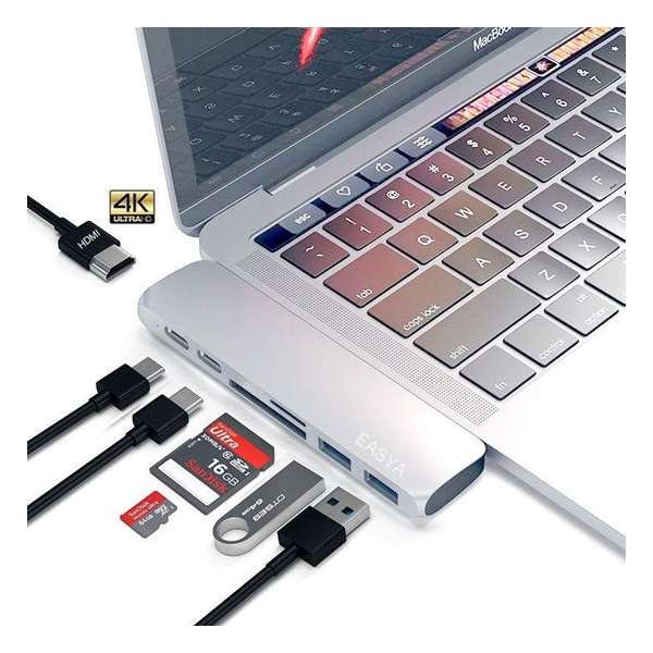 USB-C 7-in-1Adapter Met Thunderbolt 3 Zilver voor Apple MacBook Pro 2016,2017 & 2018