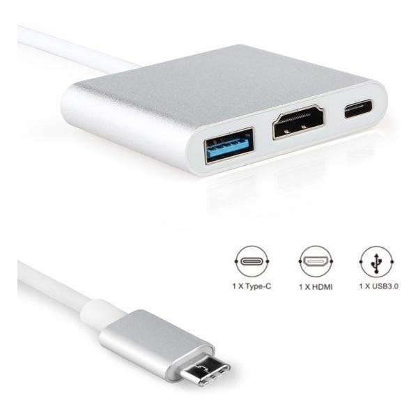 USB 3.1 Type-C 3 in 1 hub Converter naar HDMI Adapter 4K, 1x Type-C, 1x HDMI, 1x USB 3.0 - Zilver