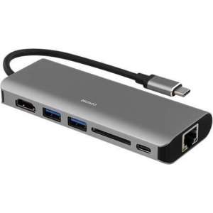 DELTACO USBC-1273 - USB-C Docking Station, HDMI, RJ45, USB 3.1, USB-C, SD kaart - aluminium, space grey