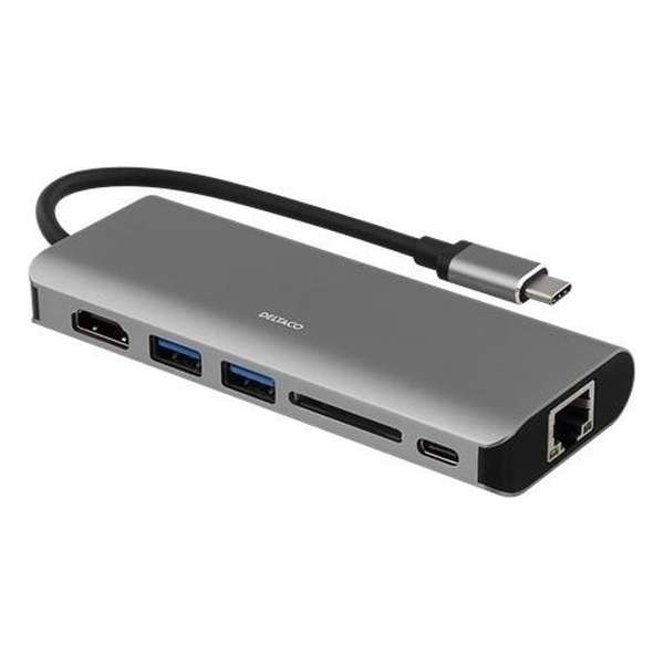 DELTACO USBC-1273 - USB-C Docking Station, HDMI, RJ45, USB 3.1, USB-C, SD kaart - aluminium, space grey