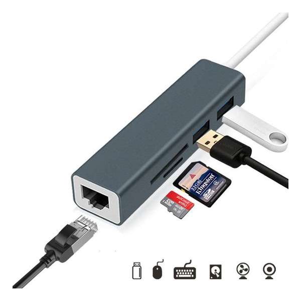 USB-C naar 2x USB 3.0Hub + RJ-45 Ethernet Adapter + SD reader voor USB type C aansluiting - Space Grey