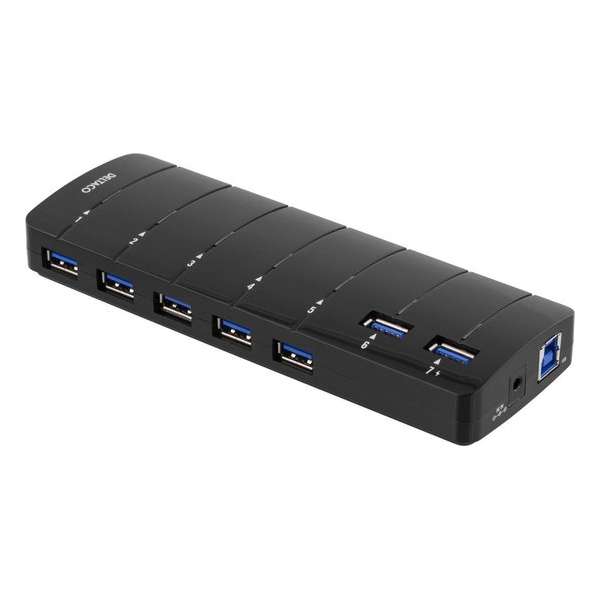 Deltaco UH-723, 7-Poorts USB 3.0 hub Windows, Linux, macOS met voeding (4A) en 1 meter kabel