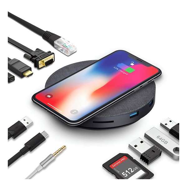 USB-C Hub met 11 poorten, HDMI & VGA en Draadloos Opladen iPhone