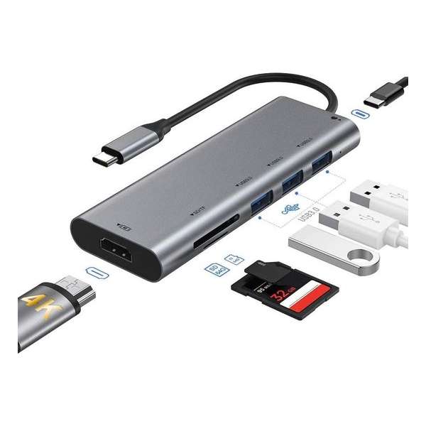 Tonor® USB Hub met 7 poorten - 4K/HDMI - LAN Gigibyte Ethernet - Geschikt voor Laptop, Smartphone, Tapblet, Desktop - USB 3.0