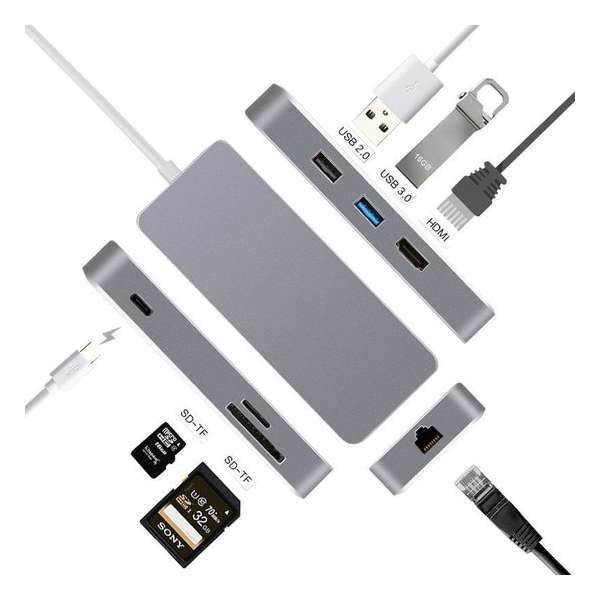 7-in-1 USB C adapter naar HDMI + Rj45 Gigabit Ethernet + SD + 2x USB Space Grey