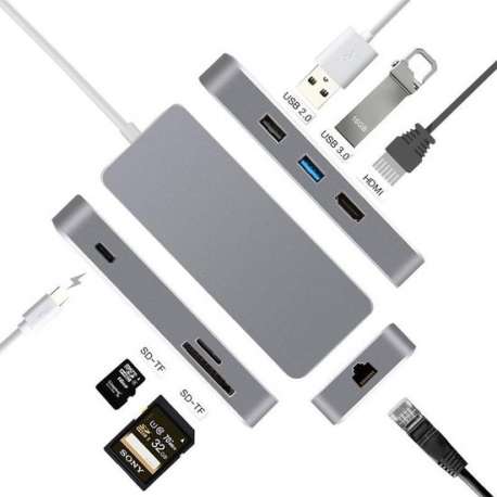 7-in-1 USB C adapter naar HDMI + Rj45 Gigabit Ethernet + SD + 2x USB Space Grey