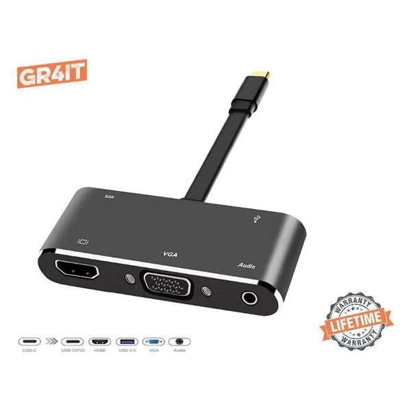 USB-C Hub Adapter met 4k HDMI, VGA, AUX Jack, USB 3.0 en USB-C PD Opladen