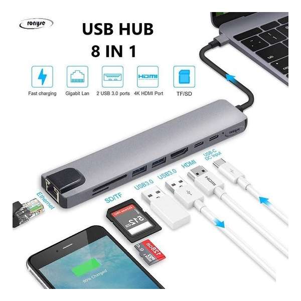 8 in 1 USB C-HUB Multipoort Adapter - Compatible met Apple Mackbook Pro, Ipad pro - AANBIEDING Prijs