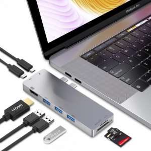 MMOBIEL 8 in 1 USB C Hub voor Macbook Pro - Air - Dual Type C Adapter - 4K - HDMI - USB 3.0 - SD-TF Kaartenlezer - GRIJS