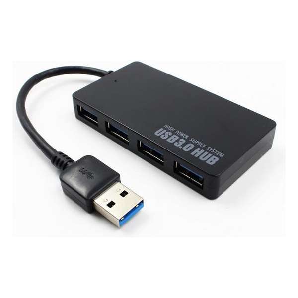 USB 3.0-hub met 4 poorten en 10 cm-kabel. 5 GB/s overdrachtssnelheid. Plug en Play.