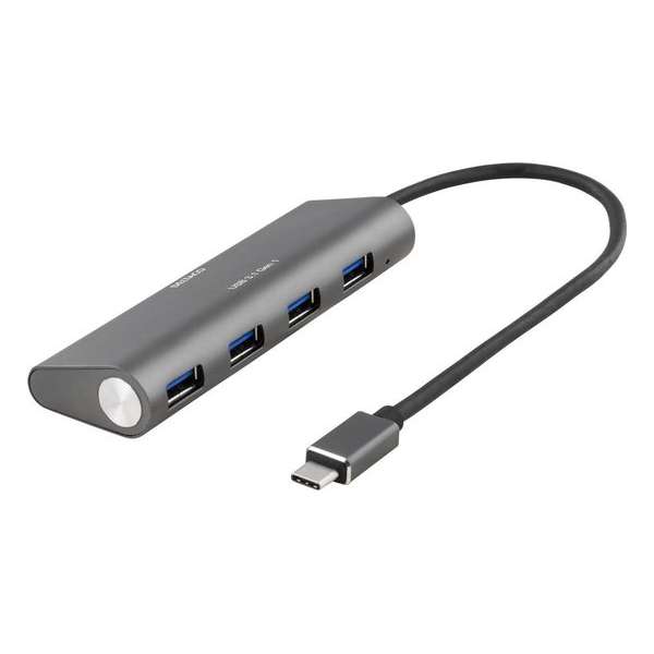 DELTACO USBC-1207 4-poorts USB-hub, 18W 3.6A, USB 3.1 Gen1, 1x USB-C, 4x USB-A, GL3520 chipset, aluminium, zwart