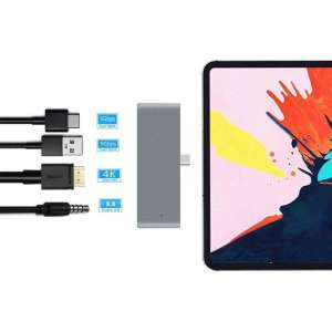 DrPhone iPad Pro Hub - 4 in 1 Type C HUB + Audio 3.5 + HDMI + USB 3.0 – Grijs