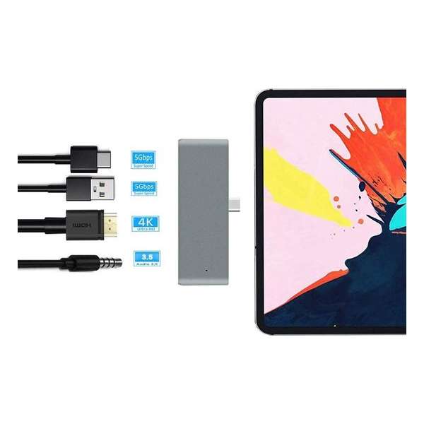 DrPhone iPad Pro Hub - 4 in 1 Type C HUB + Audio 3.5 + HDMI + USB 3.0 – Grijs