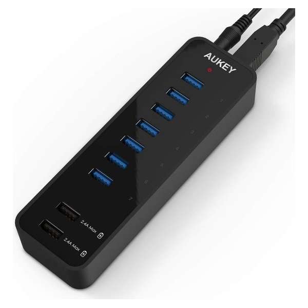 AUKEY SuperSpeed 7-poorts USB 3.0-hub met 2 slimme oplaadpoorten (tot 2.4A) met USB 3.0-kabel en 12V 4A-voedingsadapter, CB-H18