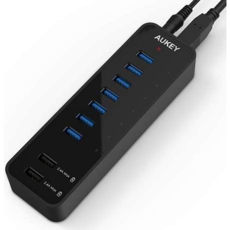 AUKEY SuperSpeed 7-poorts USB 3.0-hub met 2 slimme oplaadpoorten (tot 2.4A) met USB 3.0-kabel en 12V 4A-voedingsadapter, CB-H18