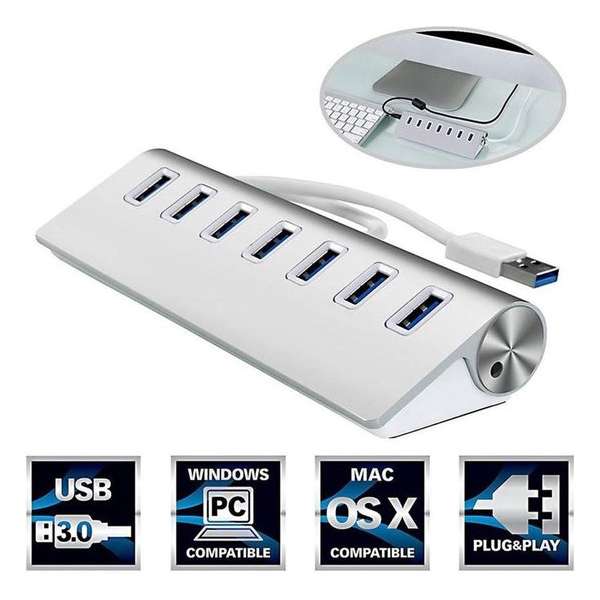 7 Poorts USB 3.0 Hub / Switch / Splitter / Verdeler - Compatibel Met Windows PC Laptop & Apple Mac - Plug&Play - Aluminium Look