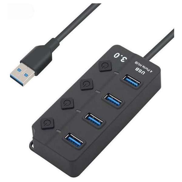 DrPhone Xtreme3 - 4 Poorten USB 3.0 Hub / Switch / Splitter / Verdeler – 5GBPS-  Met Aan/Uit Schakelaar & Led licht – Zwart