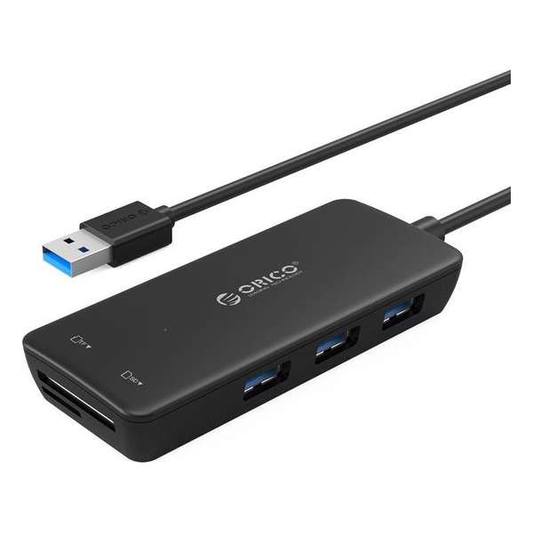 USB3.0 Hub met 3 type-A poorten - Kaartlezer SD/MF - Geïntegreerde kabel: 20 cm - Zwart