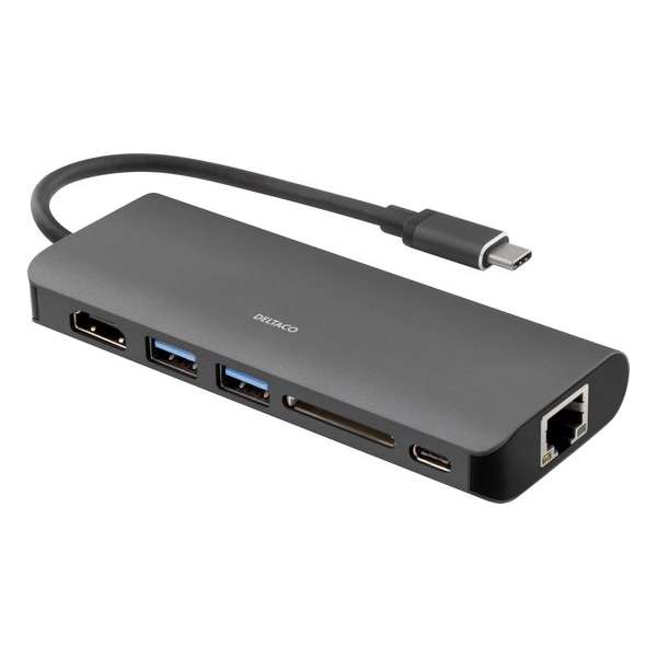 DELTACO USBC-1266 – USB-C Docking Station, HDMI, RJ45, USB 3.1, USB-C, SD kaart - aluminium, zwart