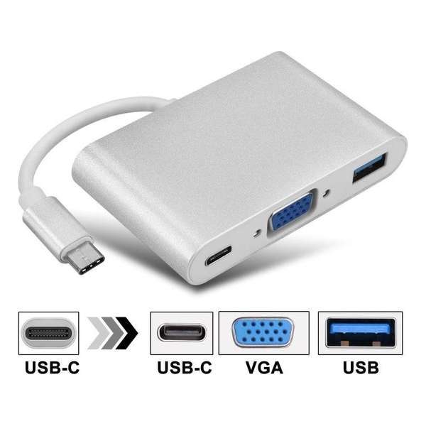 Garpex® Aluminium hub van Type C naar VGA USB3.0 type A en USB type C Power Delivery 5Gbps Zilvergrijs 23cm