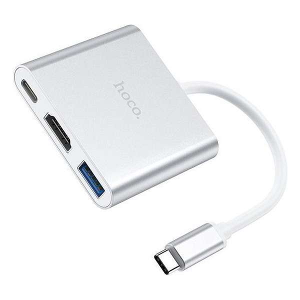 HOCO HB14 EasyUse - USB-C 3-Poort Hub - USB-C naar USB 3.0 + HDMI + PD - Zilver