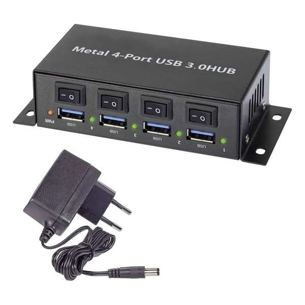 Renkforce 4 poorten USB 3.0 hub Met metalen behuizing, Individueel schakelbaar, Voor wandmontage Zwart