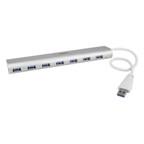 7 Poorts compacte aluminium USB 3.0 hub met geintegreerde kabel - zilver