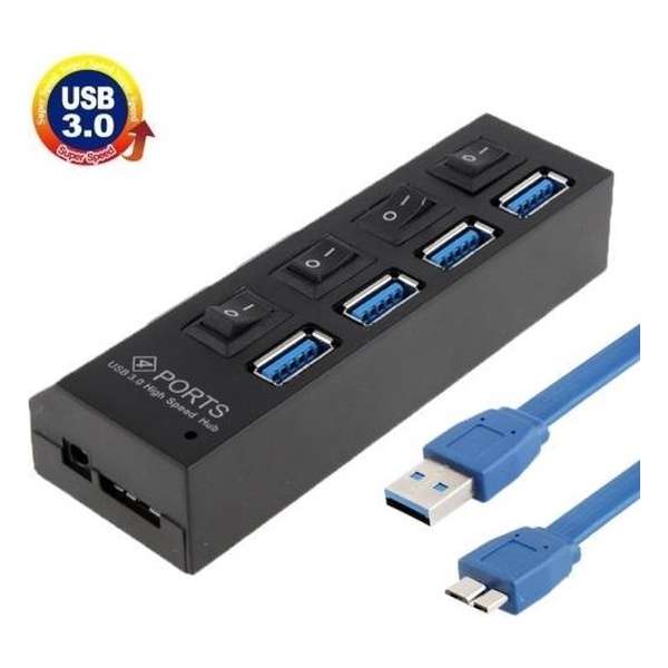 Premium 4-Poorts USB 3.0 Hub splitter High Speed adapter met schakelaars en LED Plug & Play | Zwart